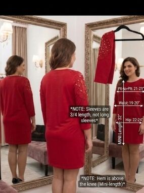 Red Mini Sheath Dress Pearl Beaded Lace Sleeve Cutout Size 14-16